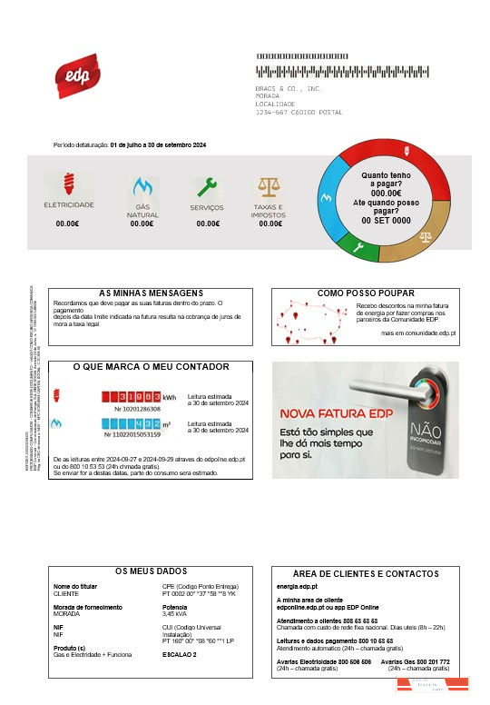 Portugal EDP business utility bill template in Word and PDF formats, good for address prove